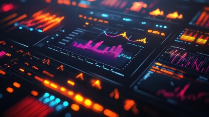 Obraz premium Data analytics dashboard, close-up of interactive data charts on a monitor, vibrant colors