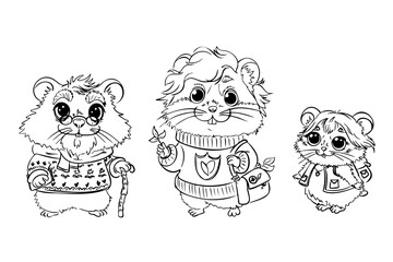Three cute cartoon hamsters dressed in sweaters and accessories, standing in a group. Black and white line art illustration for coloring book. Family or friends concept.