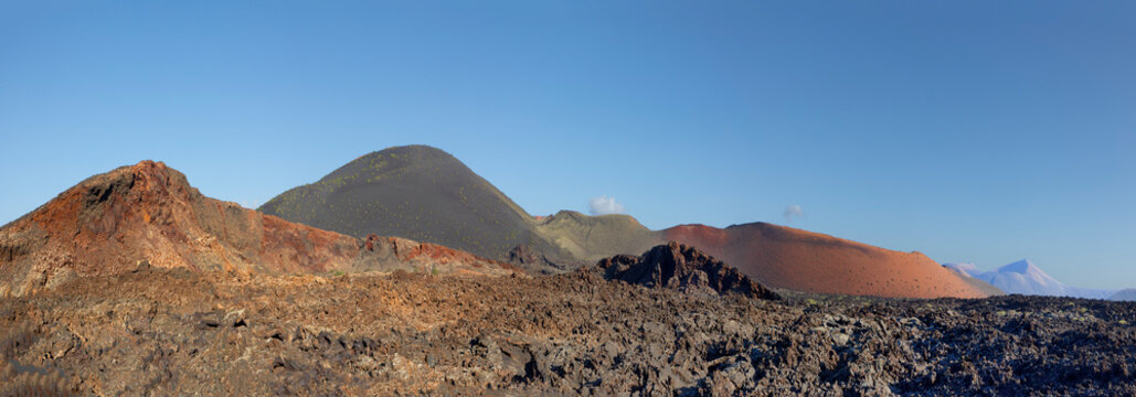scenic view to Timanfaya volcano national park in Lanzarote, Canary islands