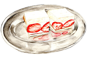 手描き水彩イラスト いちごサンド プレート / Hand-drawn Watercolor Illustration Strawberry Sandwich on Plate