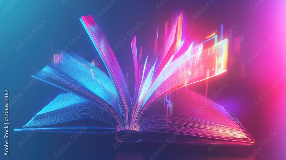 Poster abstract image of an open book with glowing pages and vibrant colors background