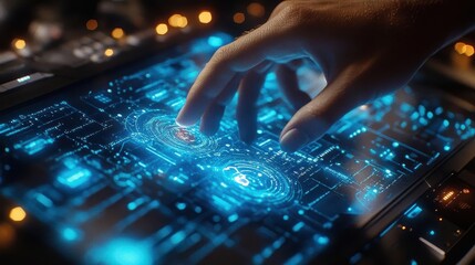 Digital innovation, close-up of glowing digital tools and tech, hands navigating touchscreen