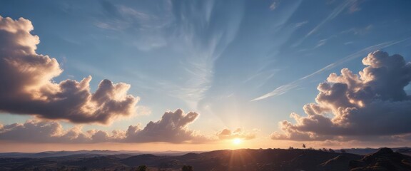 Fototapeta premium A bright and airy scene of a clear blue sky with a few wispy clouds against the sun, sunlight filtering through , airy, scenery