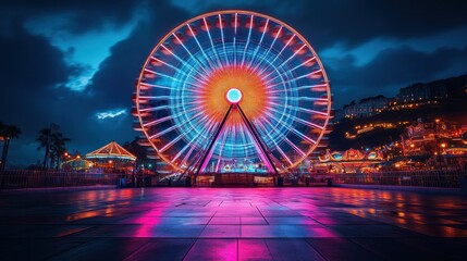 Illuminated Ferris wheel at night, amusement park, city backdrop