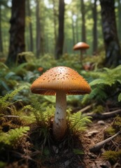 Fototapeta premium A brown-gilled mushroom growing in the undergrowth of a forest, leafy greens, brown gills,