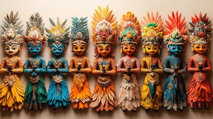 Fototapeta premium Ornate, colorful, wooden figurines in a row.