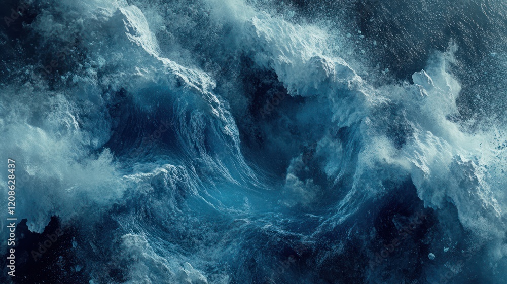 Poster chaotic ocean waves crash with great force, creating a dynamic seascape view from above