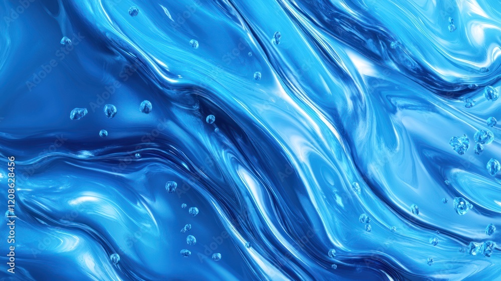 Poster abstract blue liquid texture with floating bubbles swirling pattern background design
