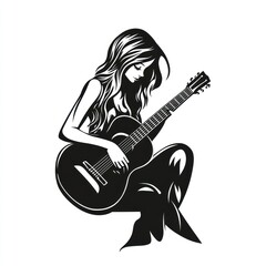 Woman playing acoustic guitar, sitting, monochrome, music design, vector art.