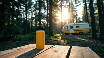Yellow Thermos on Wooden Table in Sunny Forest