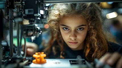Young Girl Concentrated on 3D Printer Innovative Technology STEM Education