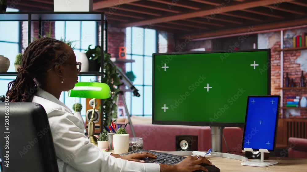 Poster remote employee in home office using green screen pc and mockup tablet to work on job tasks. telewor