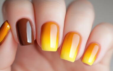Chic nail art featuring mocha mousse shades, sunny yellow highlights, and soft gradient effects
