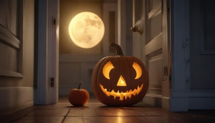 A carved pumpkin adorns a doorframe under the light of a full moon, rustic door., eerie lighting