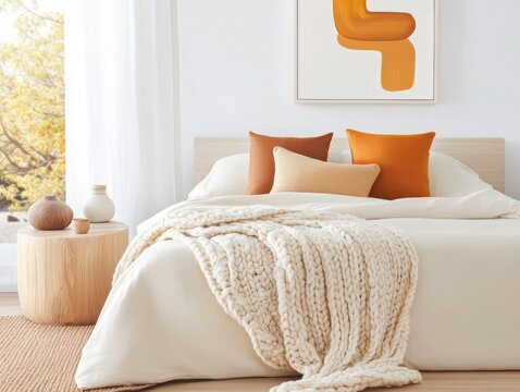 Cozy bedroom with a chunky knit blanket in cream tones, a beige bedspread, terracotta accent pillows, a wooden side table, abstract wall art