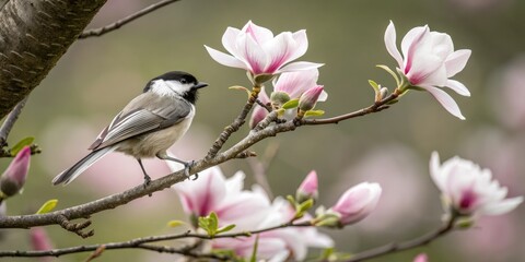 Obraz premium A chickadee perched on a branch with blooming magnolia, outdoor decor, blooming trees, flowered tree, natural scenery