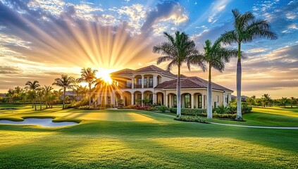 Fototapeta premium A stunning view of the golf course with palm trees and luxury homes at sunset in Miami
