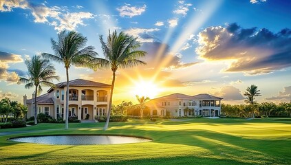 Fototapeta premium A stunning view of the golf course with palm trees and luxury homes at sunset in Miami
