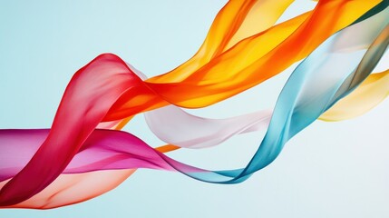 Colorful flowing fabric ribbons on light blue background.
