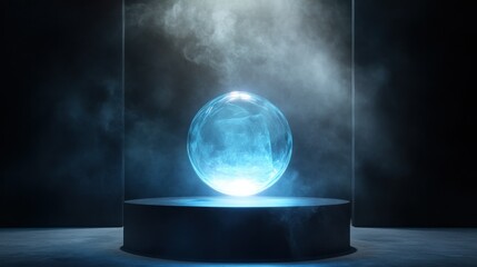 Glowing blue sphere on dark pedestal with smoke.