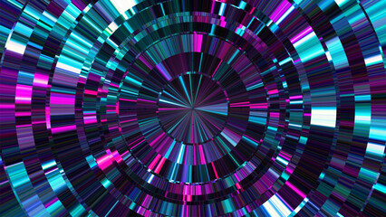 Neon circular anisotropic surface with dynamic bursts of blue purple tones and futuristic technology aesthetics. Colorful concentric circle background with vibrant radial lines. Vector illustration