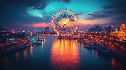 Ferris wheel sunset cityscape river reflection amusement park