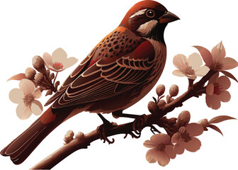 sparrow on branch flower vector with white background