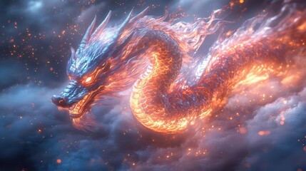 modern digital art interpretation of traditional chinese dragon with iridescent scales weaving through misty clouds with glowing energy trails
