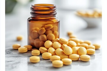 Yellow tablets spilling from an amber bottle on a marble surface