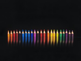 Sixteen Colored Pencils on Black Reflective Surface