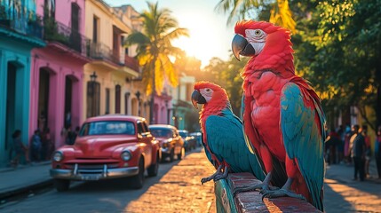 Colorful parrots perched beside vintage cars in vibrant city street