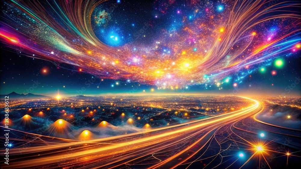 Poster algorithmic artistry transforms night photography; code visions compose digital art from data's noct