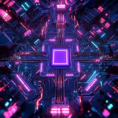 Vibrant circuit board background with neon blue and purple lines, centered around a chip icon, glowing elements symbolizing data transfer and energy flow.
