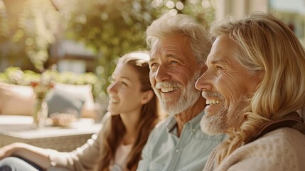 Obraz premium A cheerful family gathering on a sunny day, enjoying each other's company in a cozy outdoor setting