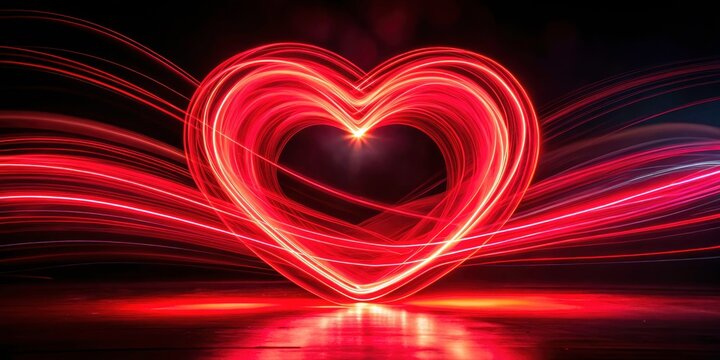 A long exposure reveals a radiant red heart, a romantic Valentine's image, glowing with abstract light trails.