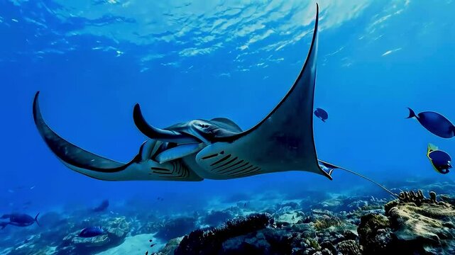 A majestic manta ray gracefully glides through the clear blue ocean above a vibrant coral reef, accompanied by smaller fish.