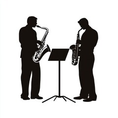 Naklejka premium Saxophone duo performing on stage, music sheet, concert.
