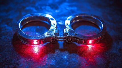 Illuminated handcuffs on dark surface, crime scene investigation