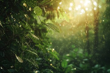 Lush green leaves glistening with raindrops in a serene forest during golden hour, nature's tranquility
