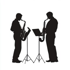 Naklejka premium Saxophonists duet, music stand, performance, silhouette, studio, background white, jazz, illustration