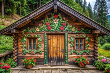 A cozy, rustic cabin with wooden walls adorned with traditional, hand-painted designs featuring green foliage and floral patterns, texture, cabin, natural, earthy, folk-art