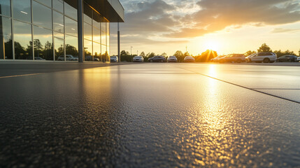 Empty car dealership lot at sunset, showcasing a serene and quiet atmosphere with no vehicles or customers, reflecting the end of a business day and the transition to evening calm