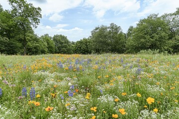 Obraz premium Beautiful spring landscape with colorful wildflowers, poppies, and green grass under a blue sky with sun rays, capturing the essence of a sunny meadow.