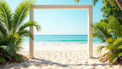 Fototapeta premium An eye-level shot of a pristine white square frame with elegant pillars stands proudly at a sun-kissed beach, framed by swaying palms on each side, nestled in soft sand