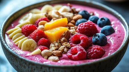 Healthy smoothie bowl, close-up of vibrant fruits and nuts arranged on top, bright morning light