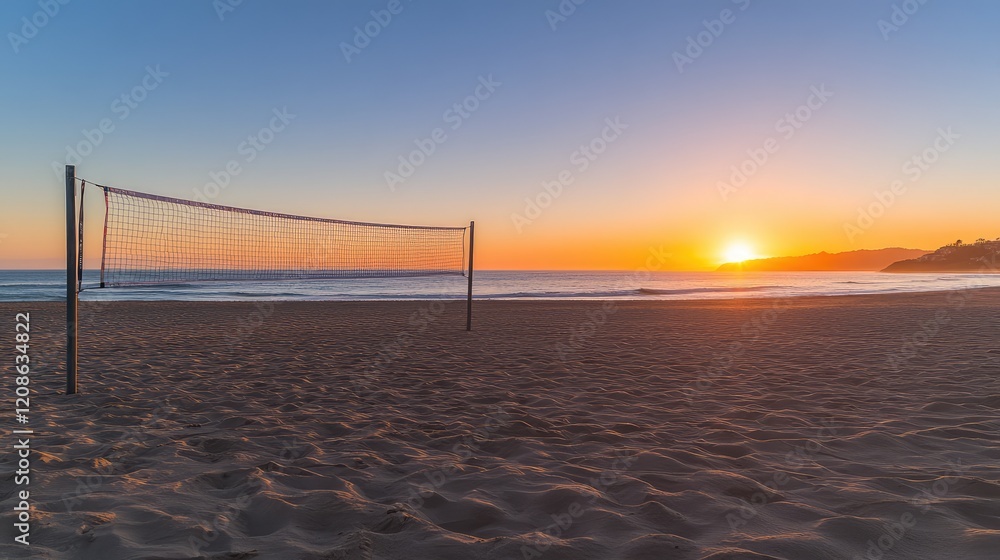Poster a beach volleyball net on an empty sandy beach with the sun setting behind the horizon.