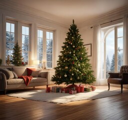 A large, lush Christmas tree in a living room, decor, Christmas tree