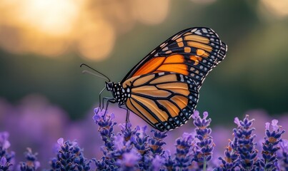 Obraz premium Monarch butterfly on lavender, sunset light.