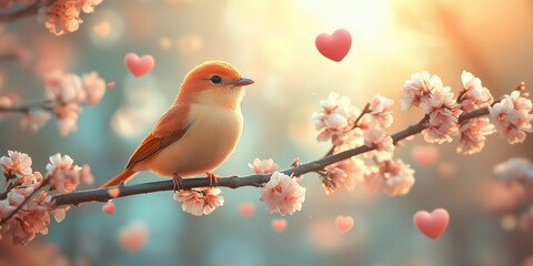 Fototapeta premium Bird perched on a blossoming branch surrounded by hearts