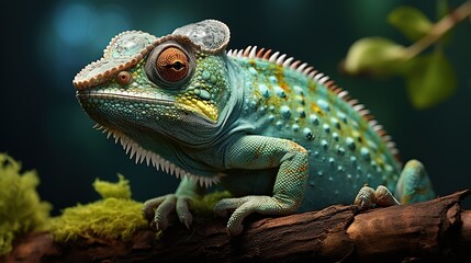 Fototapeta premium Colorful chameleon on the branch with bokeh background